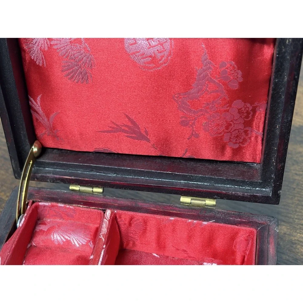 Vintage Chinese Jewelry Box Red Wood Jade Brass Fish Floral Details 5